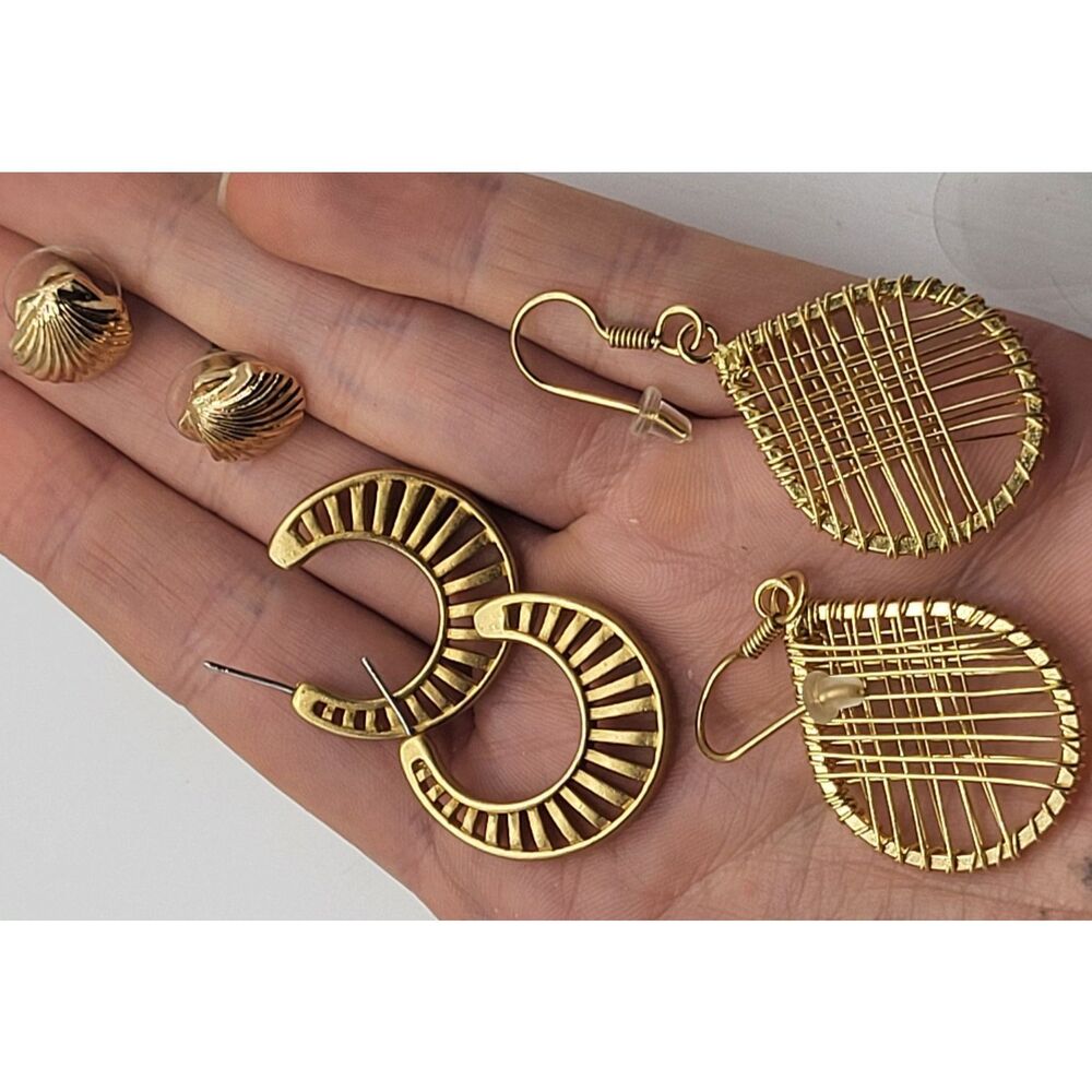 Lot of 3 Vintage Goldtone Earrings Hoop, dangle, Mermaid Shell